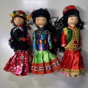 Set of 3 Handmade Ethnic Cloth Dolls – Colorful Traditional Outfits, 6.5”